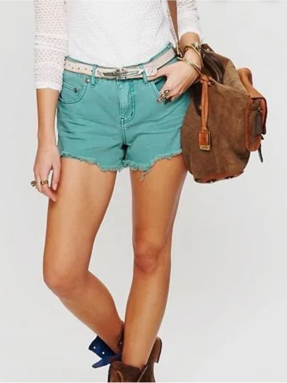 Free People Teal Frayed Hem Denim Shorts
